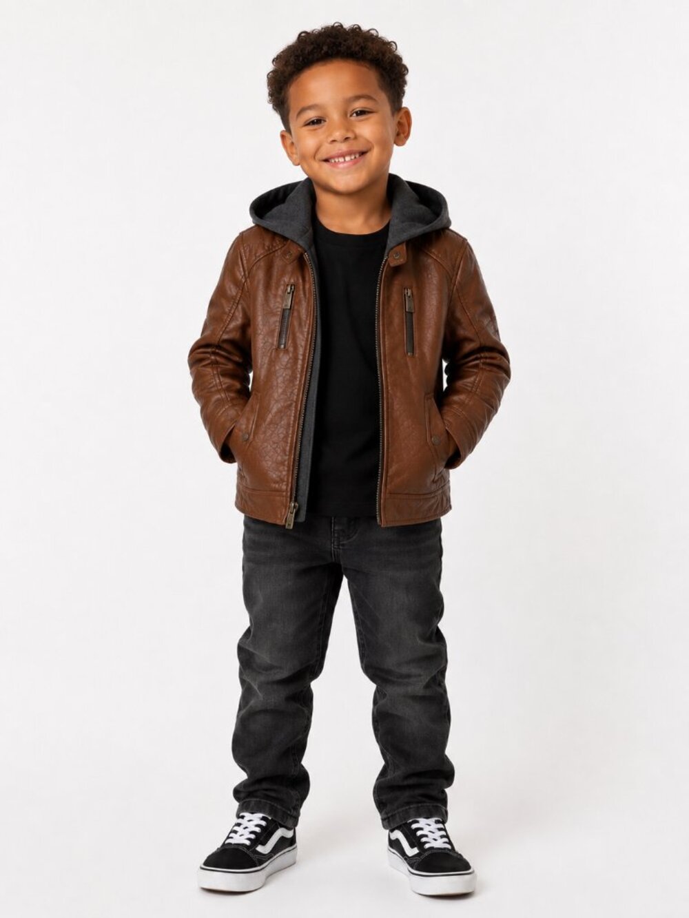Urban Republic Kids Brown Faux Leather Moto Jacket With Built-in Hoodie Size L/7